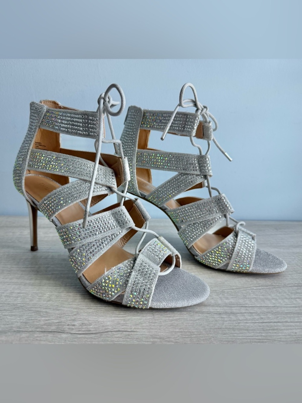 NWOB Thalia Sodi Women's Silver Lurex Sandy Lace-Up Stiletto Sandals Size 12